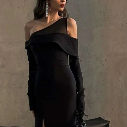 Black Asymmetrical Long Sleeve Maxi Dress with Backless Cut-Out - Très Elite