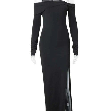 Black Asymmetrical Long Sleeve Maxi Dress with Backless Cut-Out - Très Elite