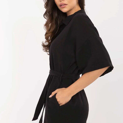 Black Muslin Cotton Jumpsuit Model 213058 Short Sleeves - Très Elite