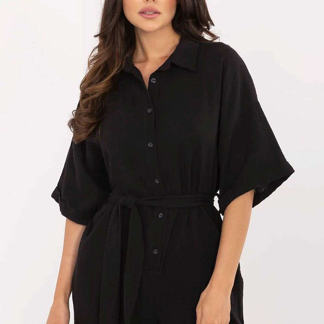 Black Muslin Cotton Jumpsuit Model 213058 Short Sleeves