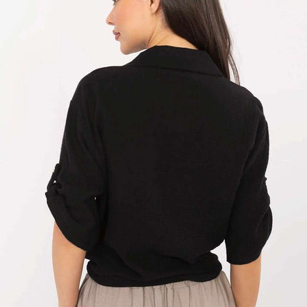 Black Women Cotton Shirt 213429 With Tie Hem Casual - Très Elite