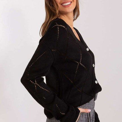 Black Womens Cardigan 208629 Lace Pattern Wool Blend - Très Elite