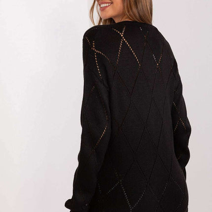 Black Womens Cardigan 208629 Lace Pattern Wool Blend - Très Elite
