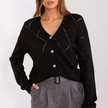 Black Womens Cardigan 208629 Lace Pattern Wool Blend - Très Elite