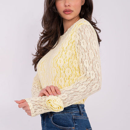 Fitted Lace Blouse With Viscose Elastane Round Neck Long Sleeves - Très Elite