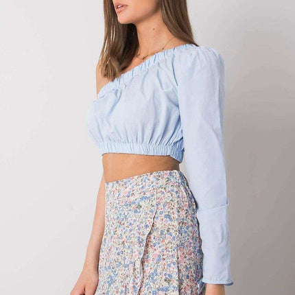 Blue Blouse With Asymmetrical Neckline And Elastic Band - Très Elite