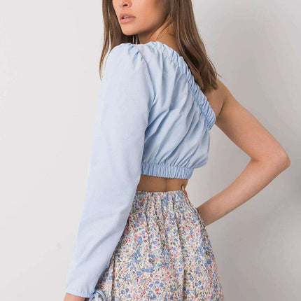 Blue Blouse With Asymmetrical Neckline And Elastic Band - Très Elite