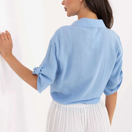 Blue Cotton Womens Shirt With Tie Hem And Casual Sleeves - Très Elite
