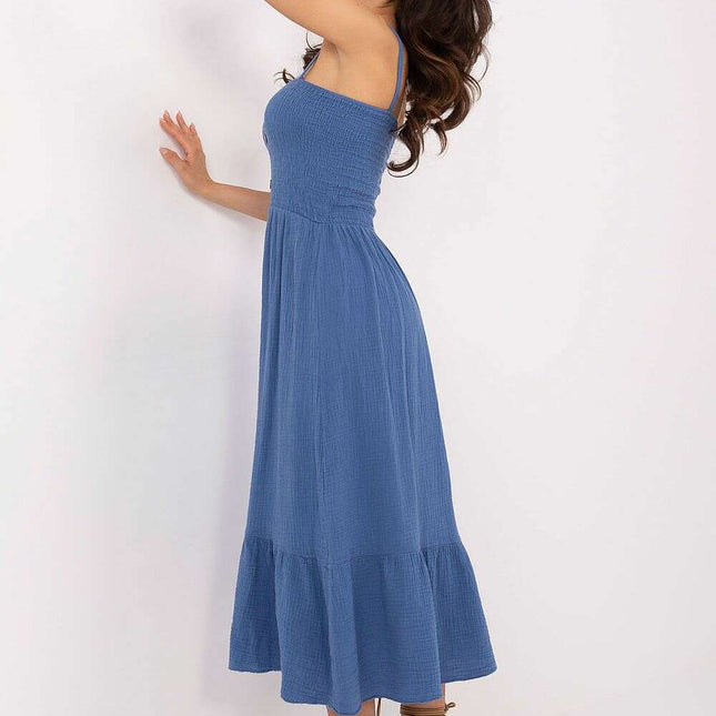 Blue Day Dress Midi With Straps Square Neckline Cotton