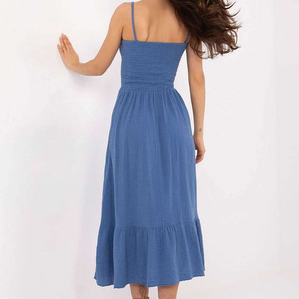 Blue Day Dress Midi With Straps Square Neckline Cotton - Très Elite