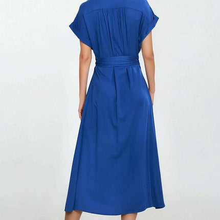 Blue Day Dress With Linen Rayon Relaxed Fit Knee Length - Très Elite