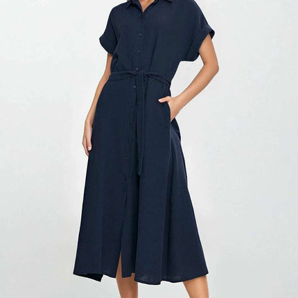 Blue Day Dress With Linen Rayon Relaxed Fit Knee Length - Très Elite