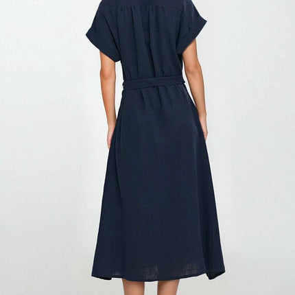 Blue Day Dress With Linen Rayon Relaxed Fit Knee Length - Très Elite
