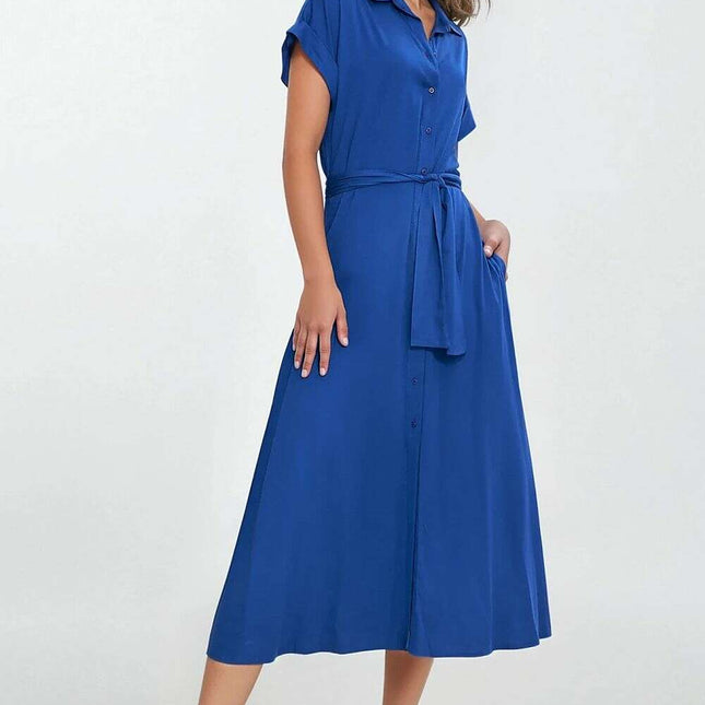 Blue Day Dress With Linen Rayon Relaxed Fit Knee Length