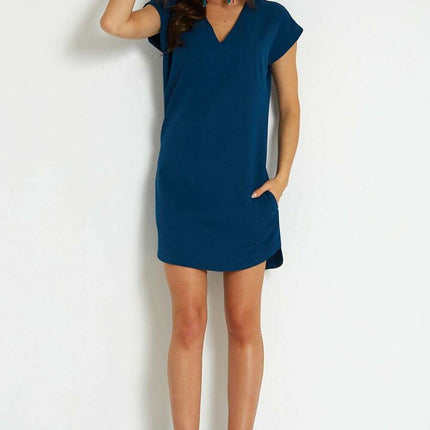 Blue Daydress Loose Cut V Neck Mini Length Casual Dress - Très Elite