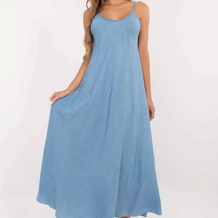 Blue Denim Maxi Dress With Straps Daydress 214297 Casual - Très Elite