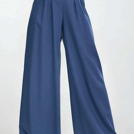 Blue High Waisted Linen Blend Trousers With Pleats - Très Elite