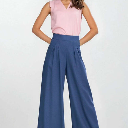 Blue High Waisted Linen Blend Trousers With Pleats - Très Elite