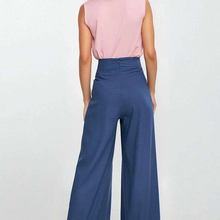 Blue High Waisted Linen Blend Trousers With Pleats - Très Elite