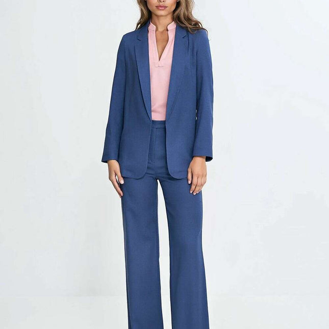 Blue Linen Rayon Blazer For Women No Fastener Regular Fit