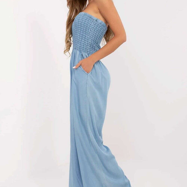 Blue Lyocell Denim Jumpsuit Sleeveless Square Neck 214300