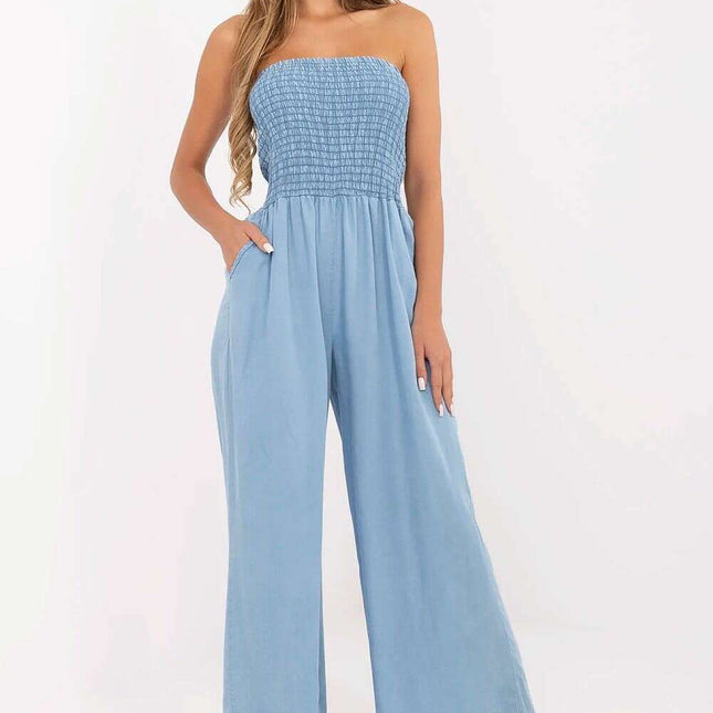 Blue Lyocell Denim Jumpsuit Sleeveless Square Neck 214300