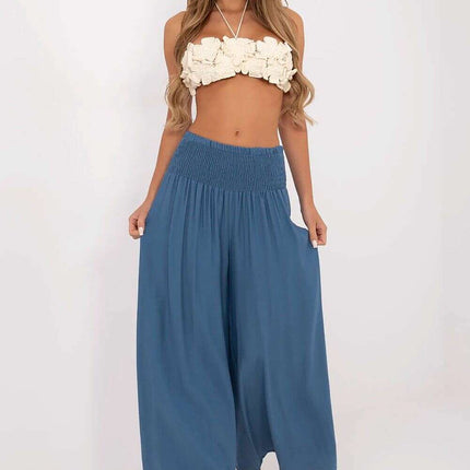 Blue Palazzo Trousers 214043 High Waist Elastic Waistband - Très Elite