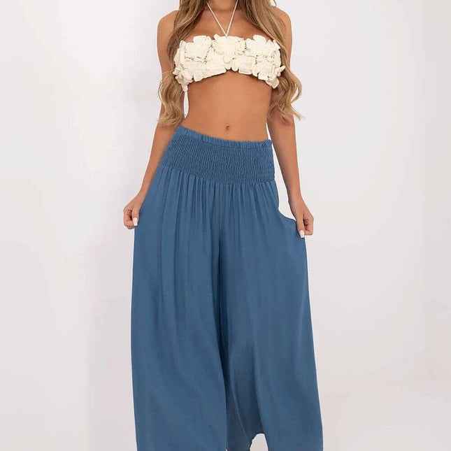 Blue Palazzo Trousers 214043 High Waist Elastic Waistband