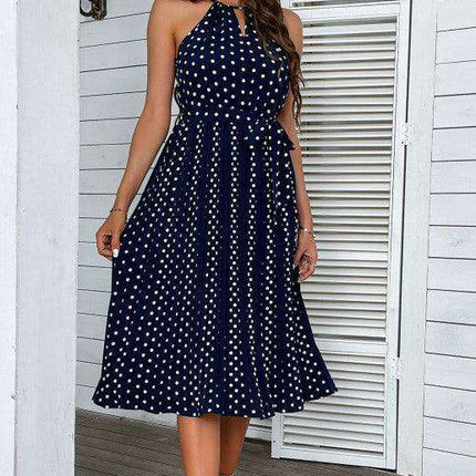 Blue Polka Dot Halter Neck Midi Dress - Essential Summer Sling for Women - Très Elite