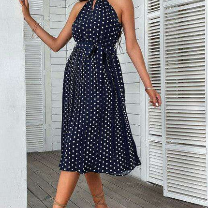 Blue Polka Dot Halter Neck Midi Dress - Essential Summer Sling for Women - Très Elite