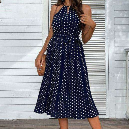 Blue Polka Dot Halter Neck Midi Dress - Essential Summer Sling for Women - Très Elite