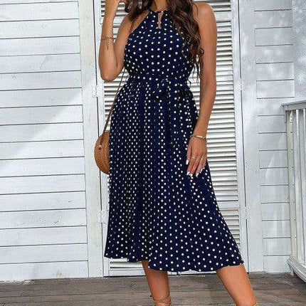 Blue Polka Dot Halter Neck Midi Dress - Essential Summer Sling for Women - Très Elite