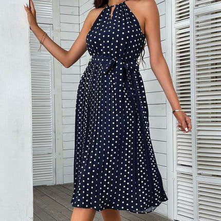 Blue Polka Dot Halter Neck Midi Dress - Essential Summer Sling for Women - Très Elite