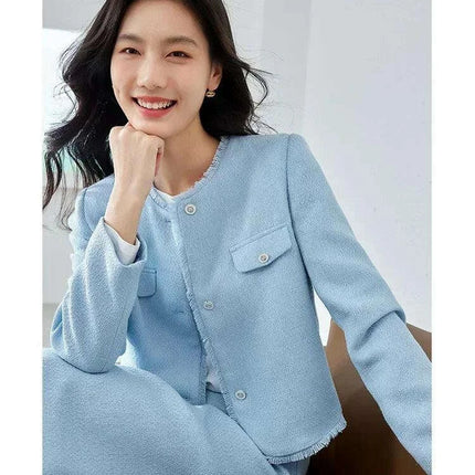 Blue Tweed 2-Piece Women's Suit with Cropped Jacket and Midi Skirt - Très Elite