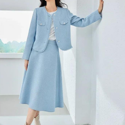 Blue Tweed 2-Piece Women's Suit with Cropped Jacket and Midi Skirt - Très Elite