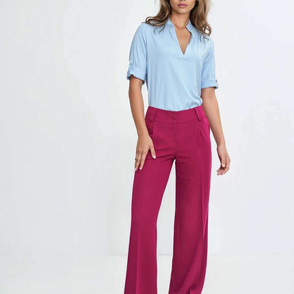 Blue V Neck Pleated Viscose Blouse For Women Lightweight - Très Elite