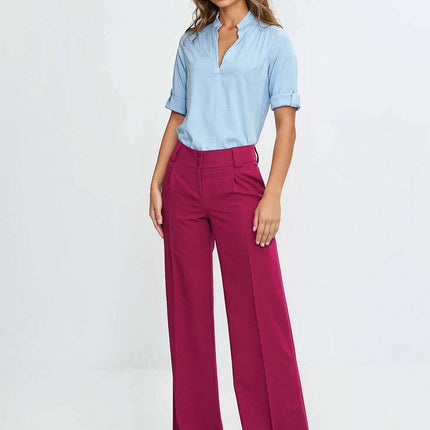 Blue V Neck Pleated Viscose Blouse For Women Lightweight - Très Elite