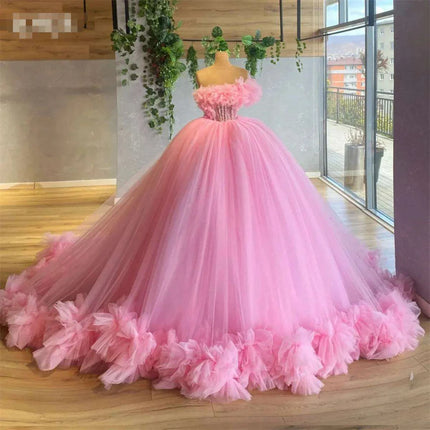 Blush Pink Off-Shoulder Tulle Gown with Floral Ruching for Elegant Evenings - Très Elite