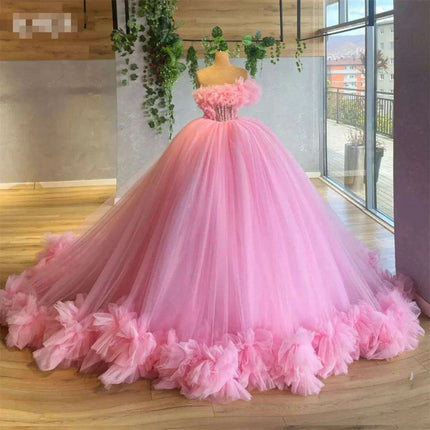 Blush Pink Off-Shoulder Tulle Gown with Floral Ruching for Elegant Evenings - Très Elite