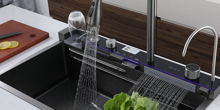 Kitchen Deluxe Waterfall Workstation Sink with Digital Temperature Display Faucet stainless-steel-kitchen-sink-with-double-waterfall-design-large-single-basin-embossed-surface-and-ambient-light-digital-display