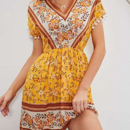 Bohemian Blossom V Neck Rayon Dress - Your Essential Summer Companion