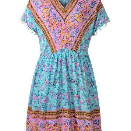 Bohemian Blossom V Neck Rayon Dress - Your Essential Summer Companion