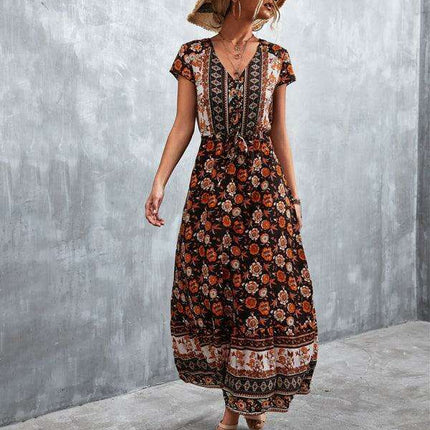 Bohemian Charm Women's V-Neck Maxi Dress - Très Elite