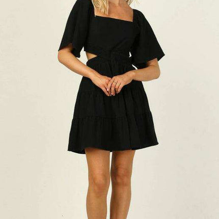 Bohemian Chic Mini Dress with Lantern Sleeves and Square Neckline for Women - Très Elite