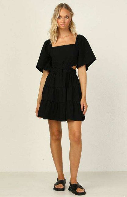 Bohemian Chic Mini Dress with Lantern Sleeves and Square Neckline for Women