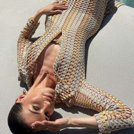 Bohemian Elegance Hollow V-neck Maxi Dress with Playful Slit for Women - Très Elite