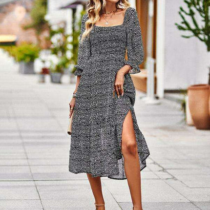 Bohemian Elegance Square Neck Maxi Dress with 3/4 Sleeves