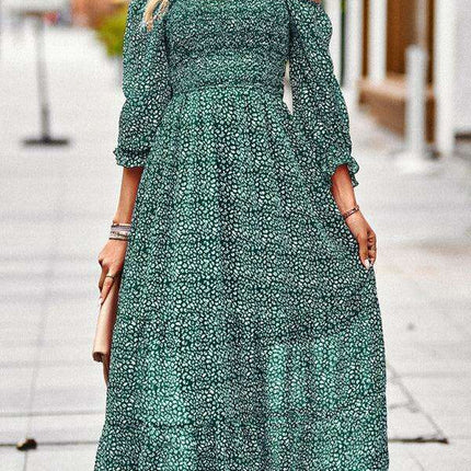 Bohemian Elegance Square Neck Maxi Dress with 3/4 Sleeves