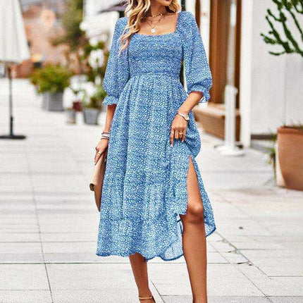 Bohemian Elegance Square Neck Maxi Dress with 3/4 Sleeves - Très Elite