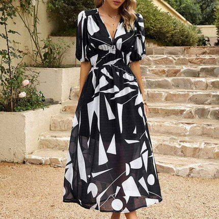 Bohemian Elegance V-Neck Dress with Stylish Waist Accents - Très Elite